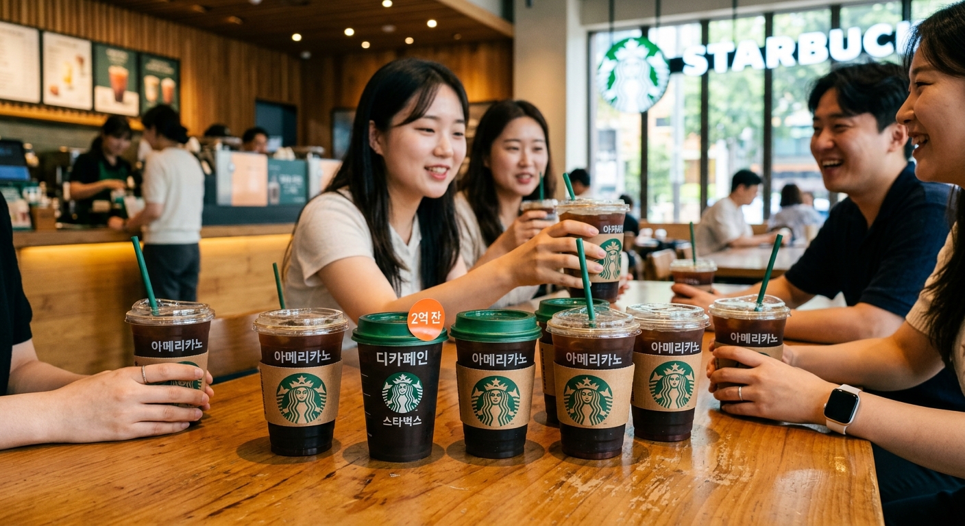 커피잔 여러 개 중 하나가 디카페인 선택으로 강조된 카페 이미지