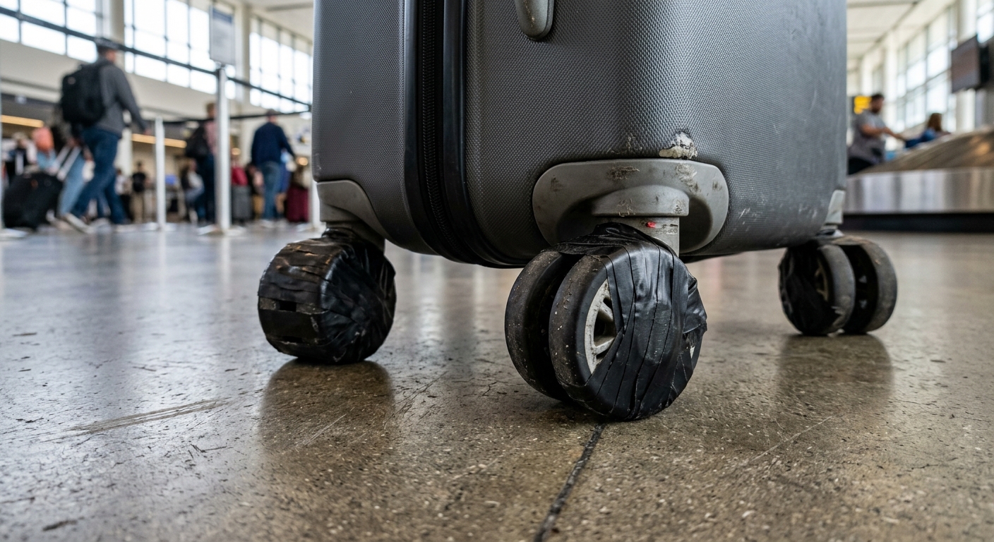 여행용 캐리어 바퀴에 검은 절연테이프를 고르게 감는 장면