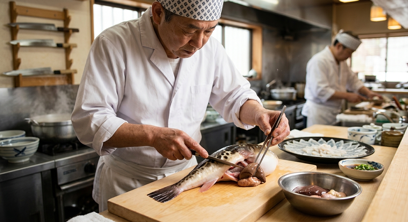 복어 손질을 준비하는 주방 장면과 안전한 조리 도구