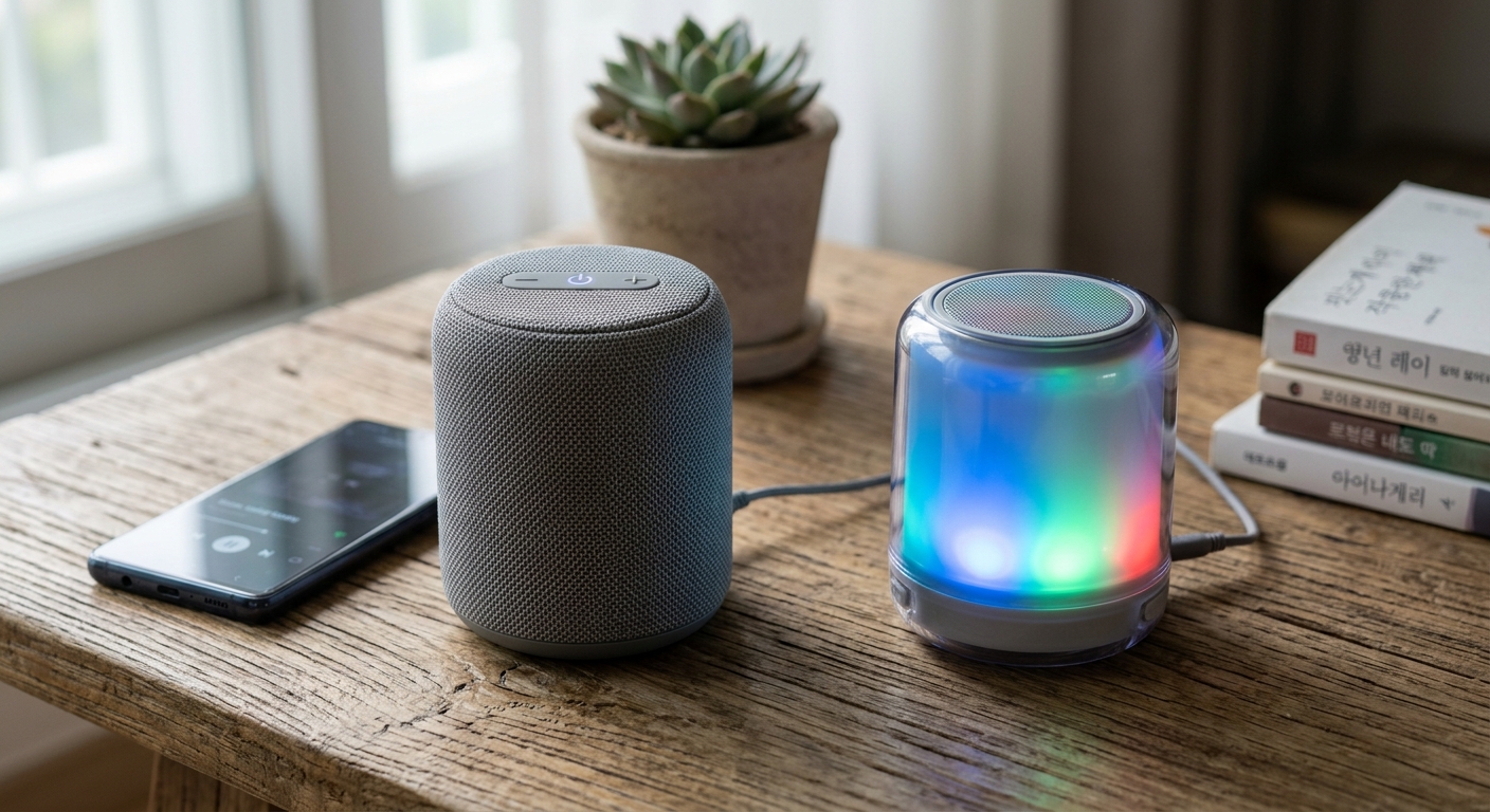 책상 위에 놓인 소형 블루투스 스피커 두 종류를 비교하는 장면