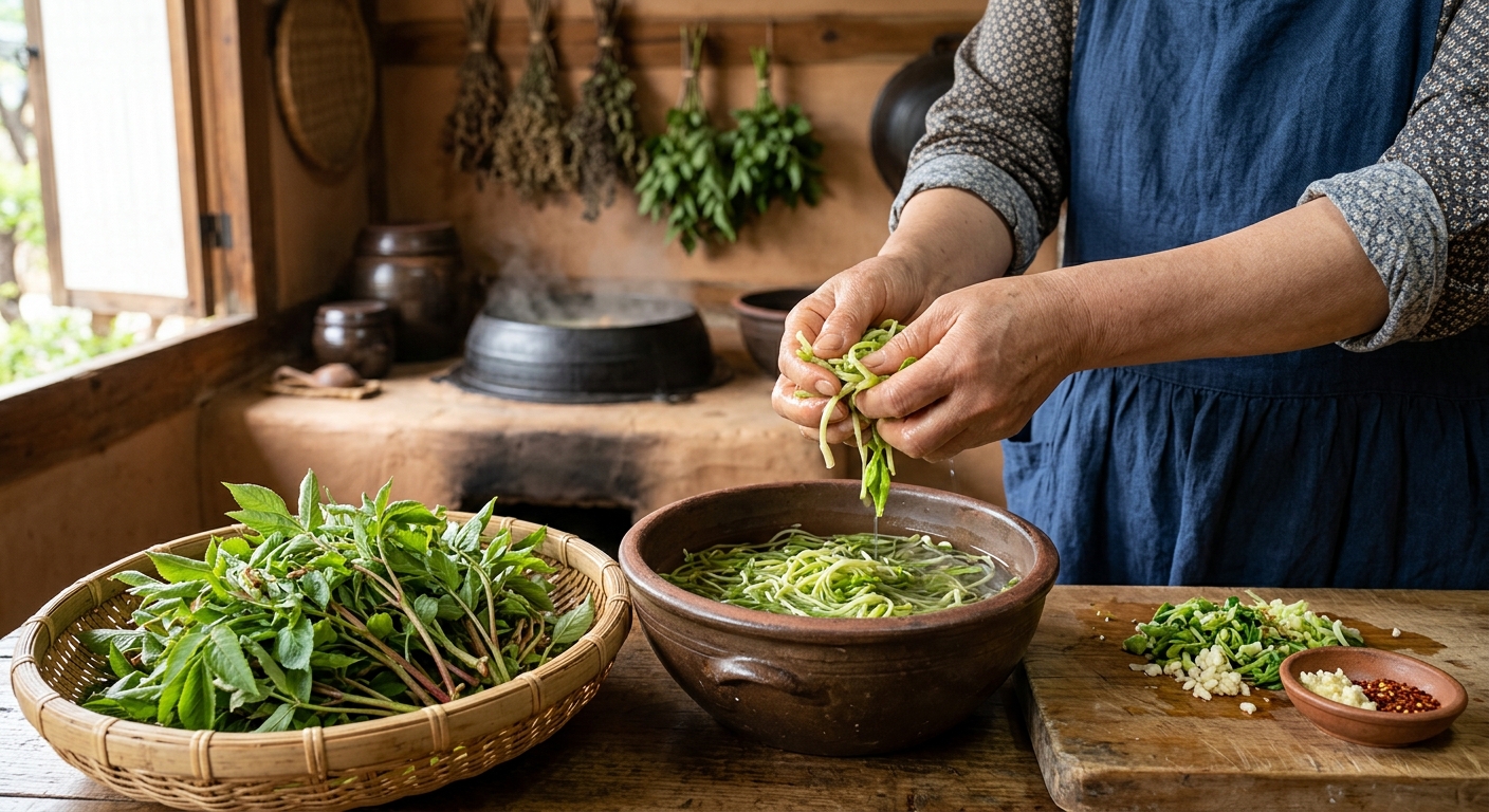 뼈 건강을 연상시키는 접골목 줄기와 봄철 새순을 함께 보여주는 이미지
