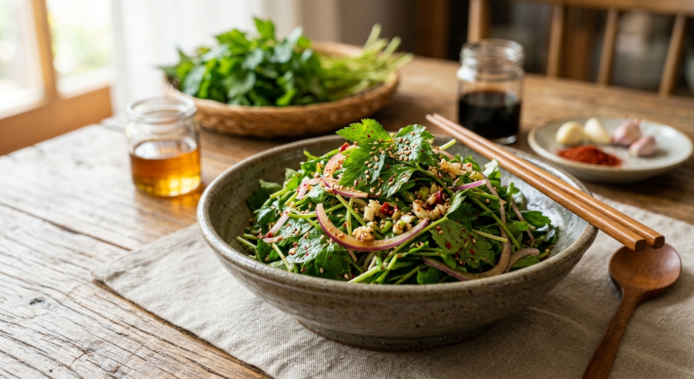 싱싱한 참나물이 접시에 담겨 있는 모습