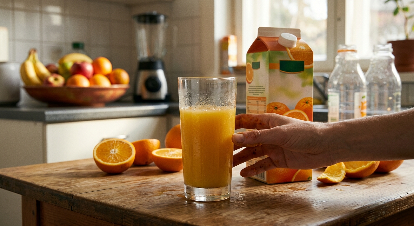 오렌지주스 한 잔과 잘린 과일이 함께 놓인 아침 식탁