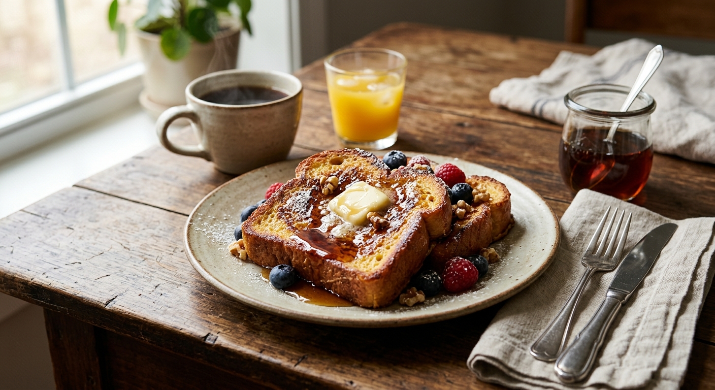 버터와 시럽이 올라간 프렌치토스트가 놓인 아침 식탁 사진