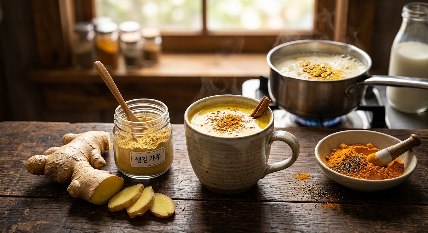 생강가루와 생강 뿌리가 함께 놓인 건강 식재료 사진
