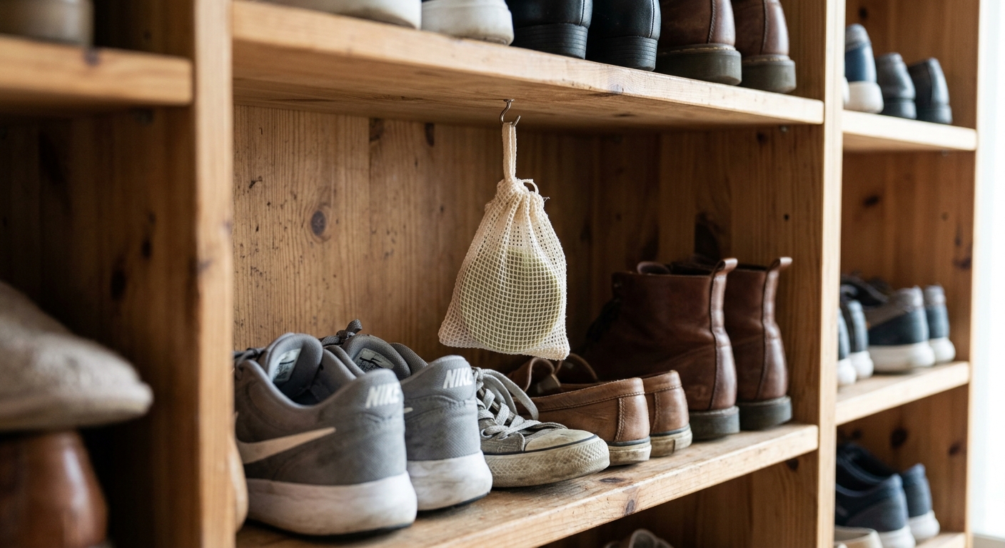 작은 유리컵 안에 얇게 썬 비누 조각이 담겨 있는 생활용품 사진