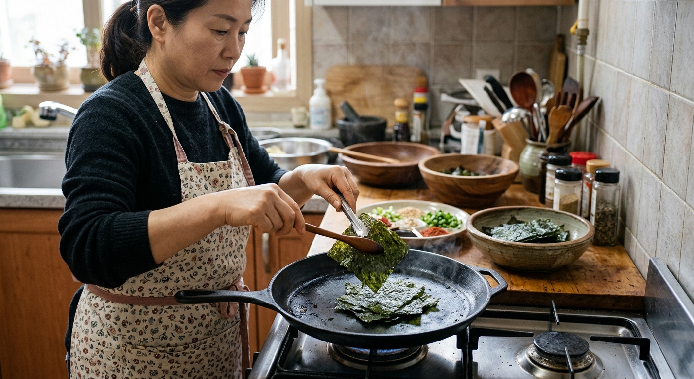 예열된 팬 위에서 눅눅해진 김을 앞뒤로 짧게 구워 수분을 날리는 모습