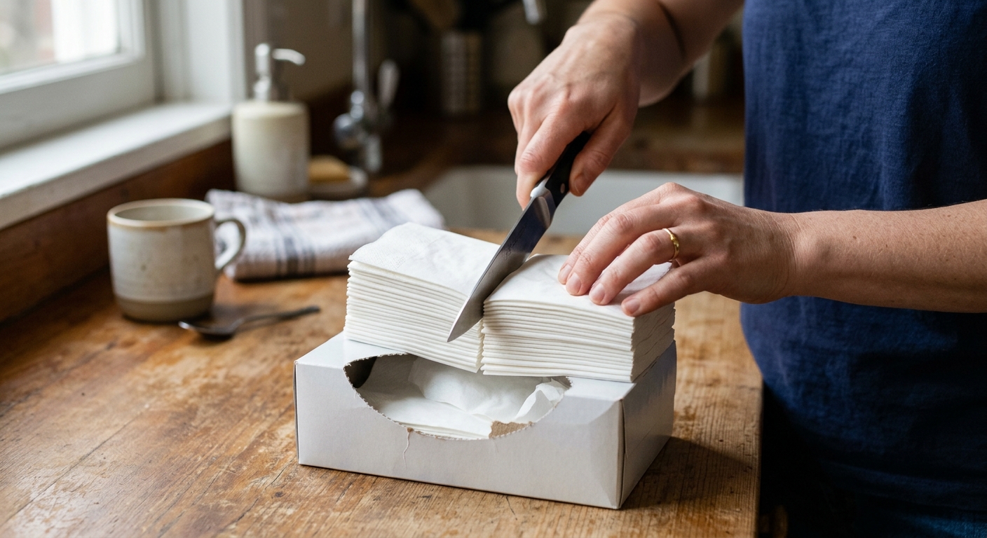 열린 티슈 박스 옆에 반으로 자른 티슈 묶음과 칼, 테이프가 놓인 장면