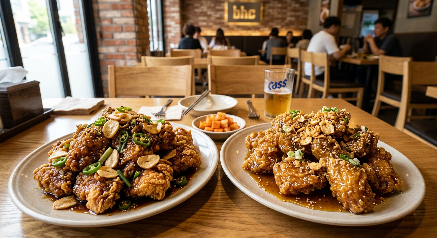 간장 풍미의 오리지널 치킨과 달콤한 허니 치킨이 함께 놓인 모습