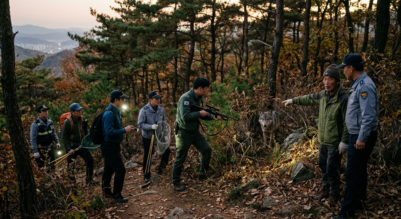 차량으로 야산 도로를 천천히 이동하며 주변을 살피는 시민의 모습