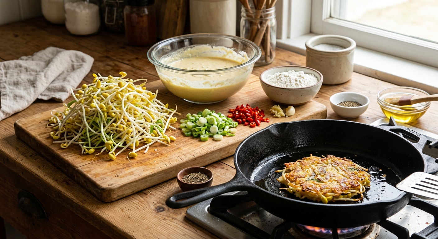 콩나물, 밀가루, 계란, 부추 등 콩나물전 재료가 정갈하게 놓인 모습