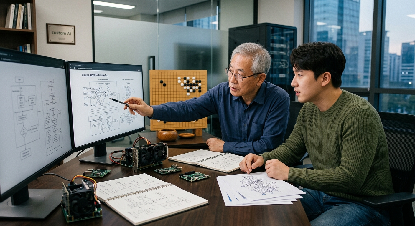 전문가가 설명한 요구사항이 디지털 인터페이스를 통해 맞춤형 바둑 프로그램으로 구현되는 장면