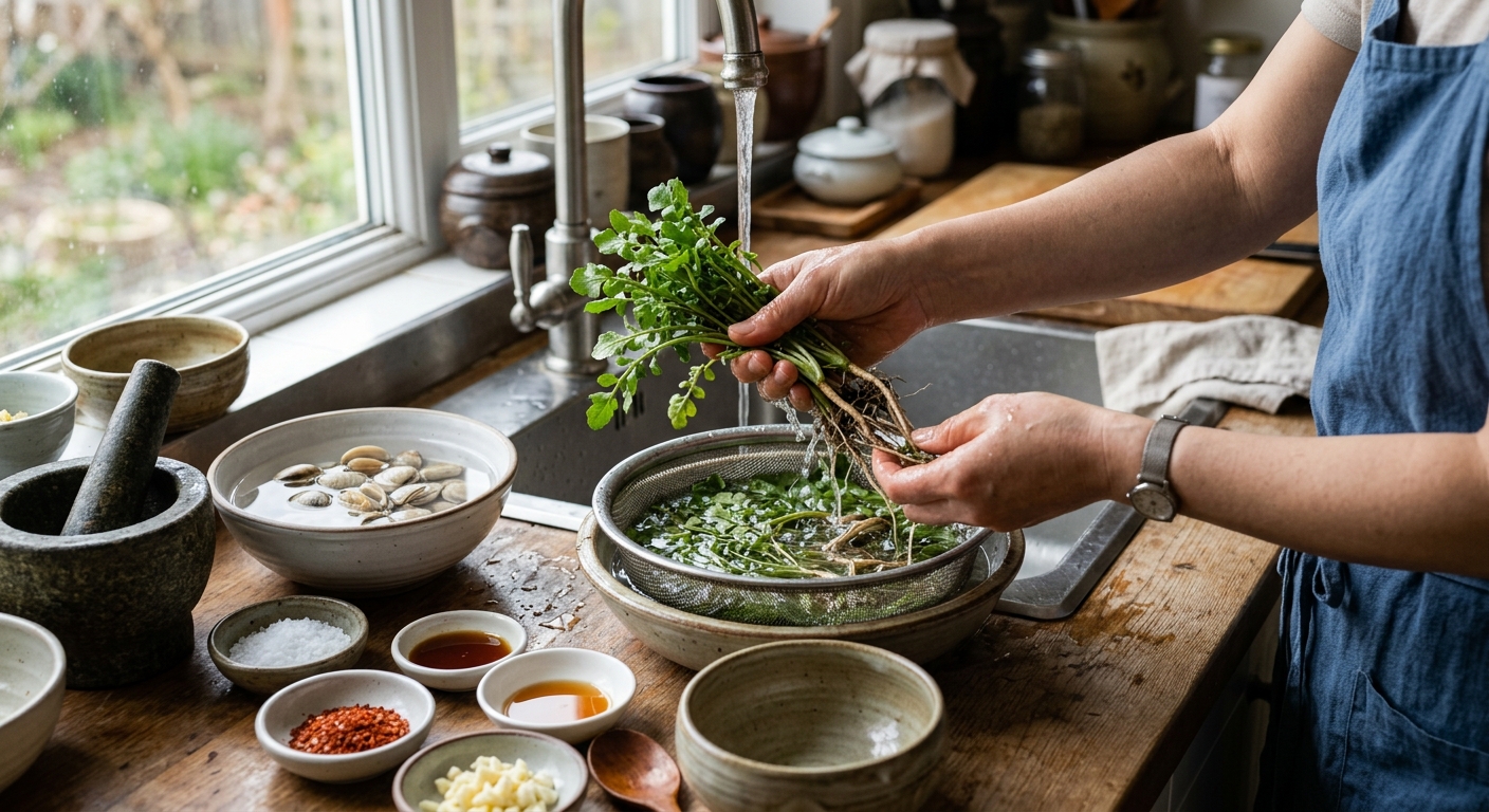 물에 담가 냉이 뿌리의 흙을 씻어내는 손질 장면