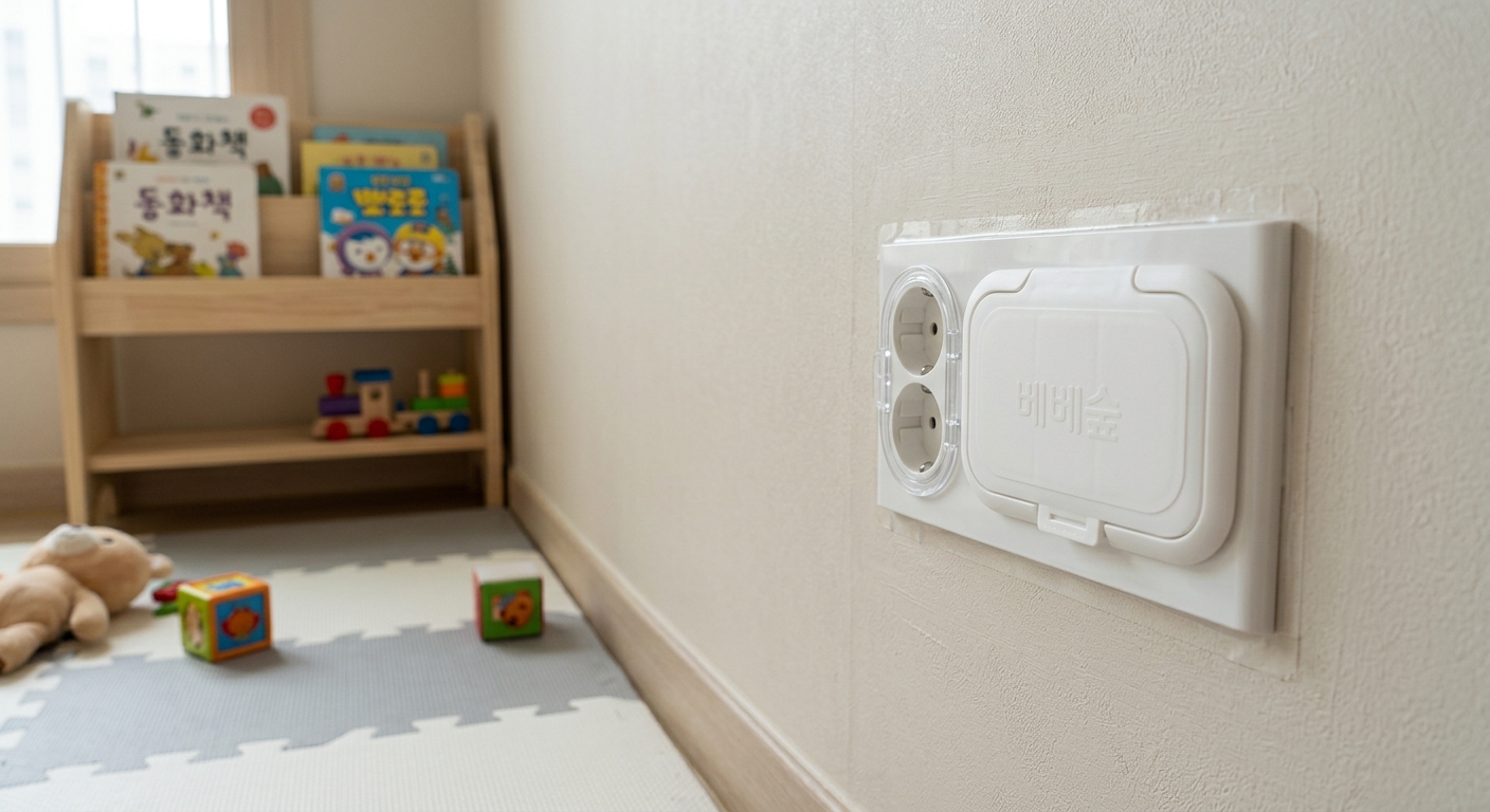 벽면 콘센트 위를 덮고 있는 흰색 물티슈 뚜껑 안전 커버