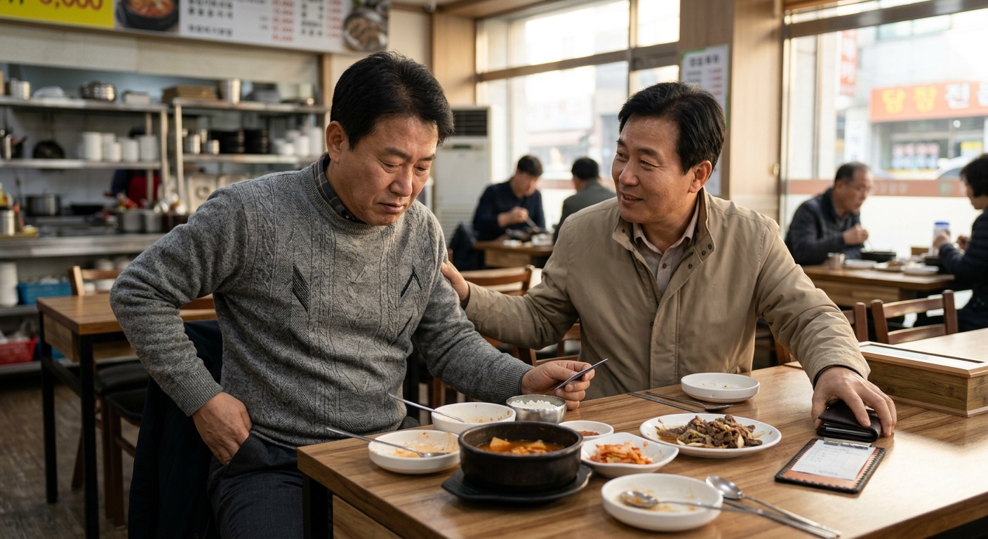 식당 테이블에서 계산서를 바라보며 서로 눈치를 보는 사람들