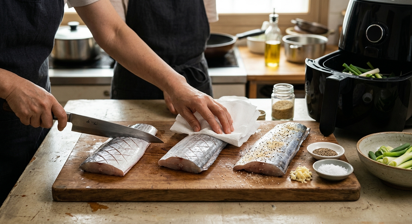 키친타월로 갈치 수분을 닦고 칼집과 밑간을 하는 손질 장면