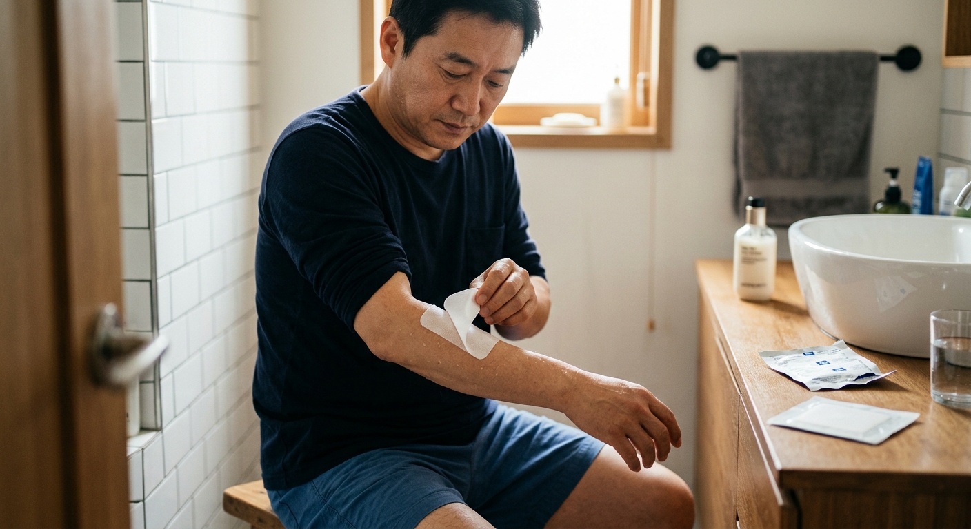 오래 붙인 파스를 떼어낸 뒤 붉어진 피부 부위