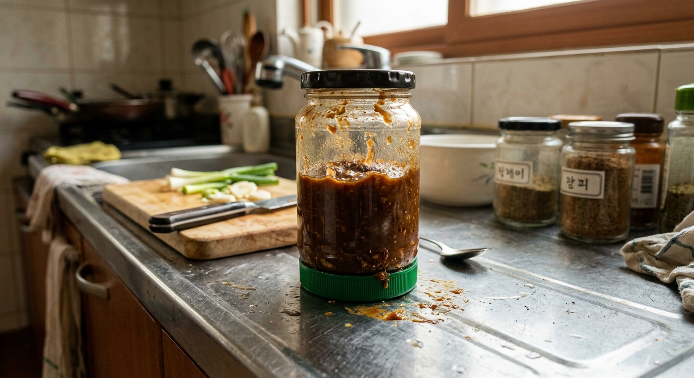 간장병과 오일병 아래에 페트병 뚜껑을 받쳐둔 주방 선반 모습