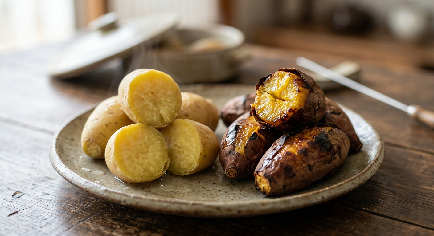찐고구마와 군고구마가 함께 놓인 비교 이미지
