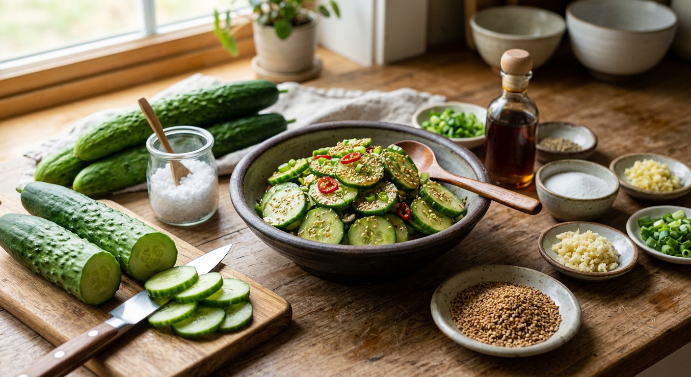 오이와 소금, 통깨, 마요네즈, 간장, 식초, 설탕이 가지런히 놓인 재료 사진
