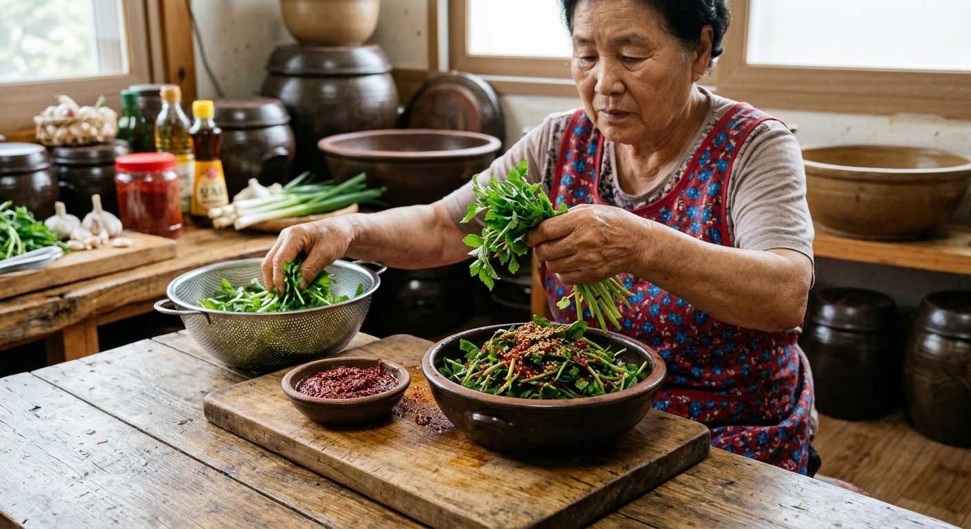 깨끗이 손질한 참나물을 도마 위에서 먹기 좋게 자르는 장면