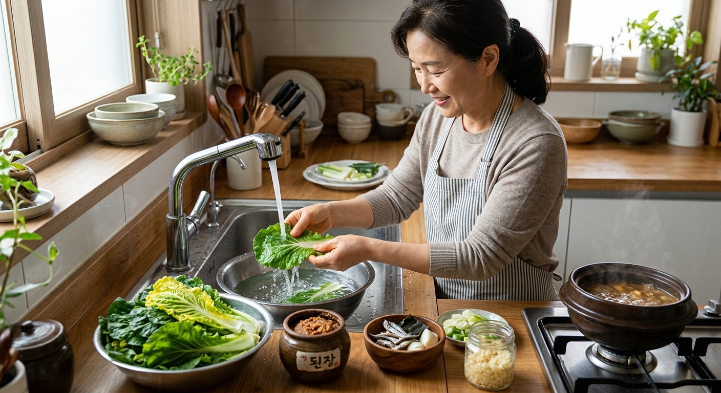 손질 전 신선한 봄동과 깨끗이 씻어 준비한 봄동 잎