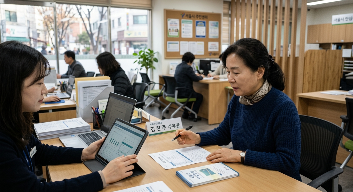 여러 은행 서비스와 서울시 금융지원 정보를 비교하며 신청을 준비하는 자영업자
