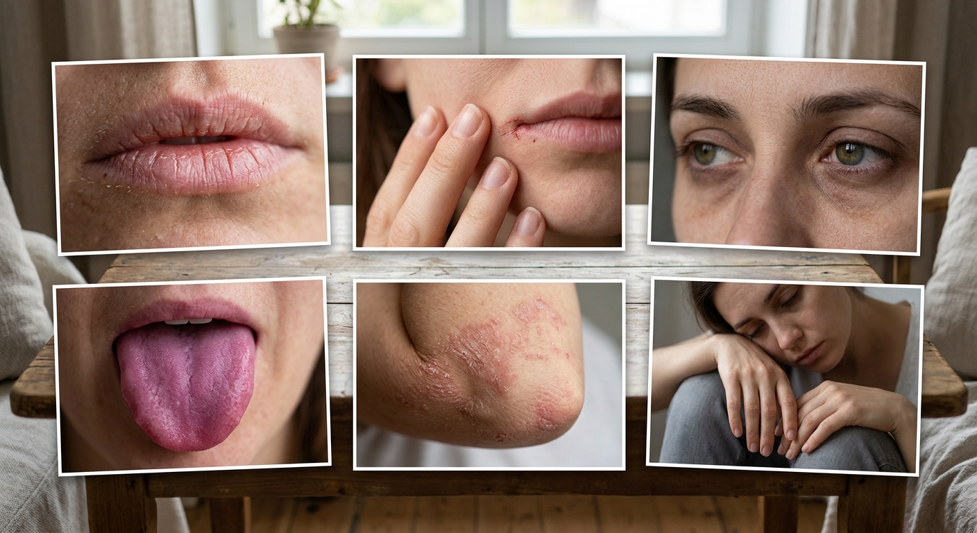 피로감과 피부 트러블, 입술 갈라짐 증상을 표현한 건강 이미지