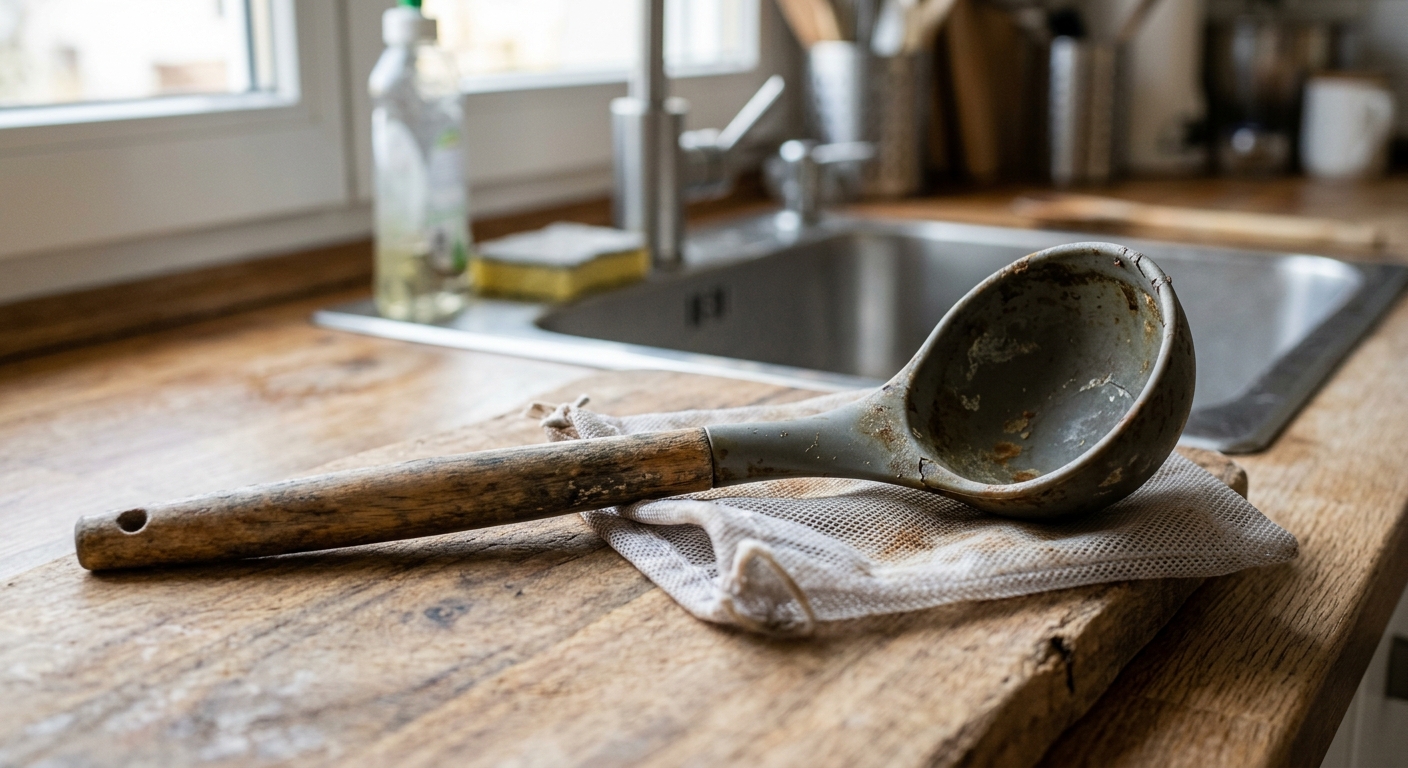 실리콘 국자의 변색과 손상 여부를 손으로 확인하는 장면