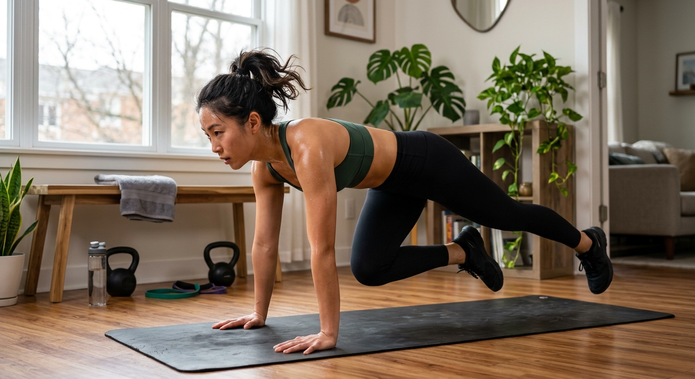 스쿼트 자세에서 플랭크로 이동하는 홈트 동작을 수행하는 사람