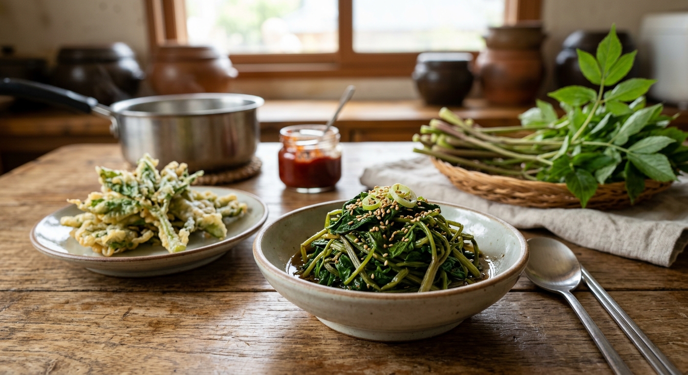 살짝 데쳐 섬유질과 결이 살아난 눈개승마 나물 클로즈업