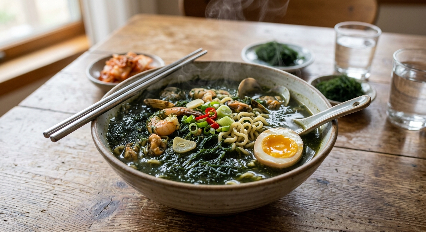 신선한 매생이를 그릇에 담아 라면에 넣기 전 준비한 모습