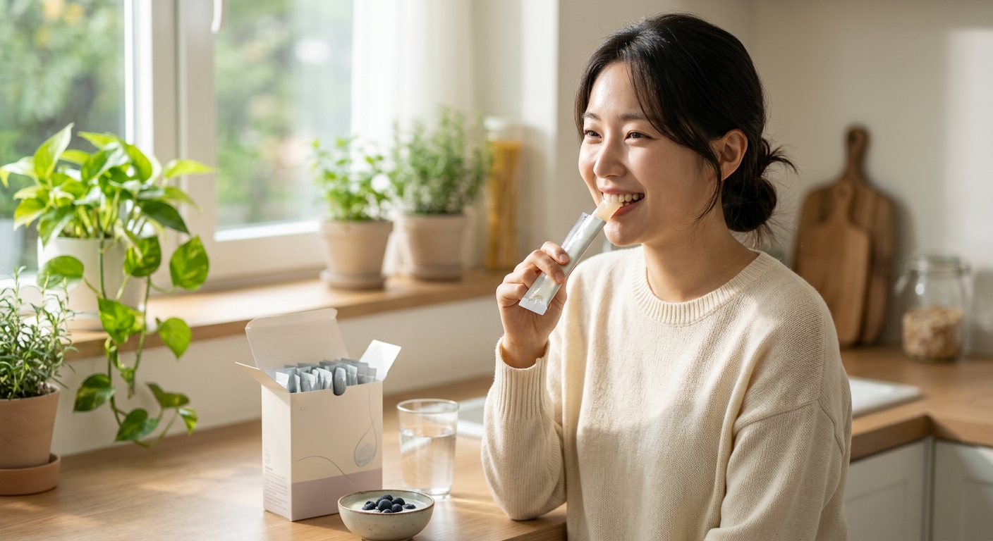 산뜻한 요구르트 느낌의 젤 스틱과 우유빛 배경이 어우러진 건강 간식 이미지