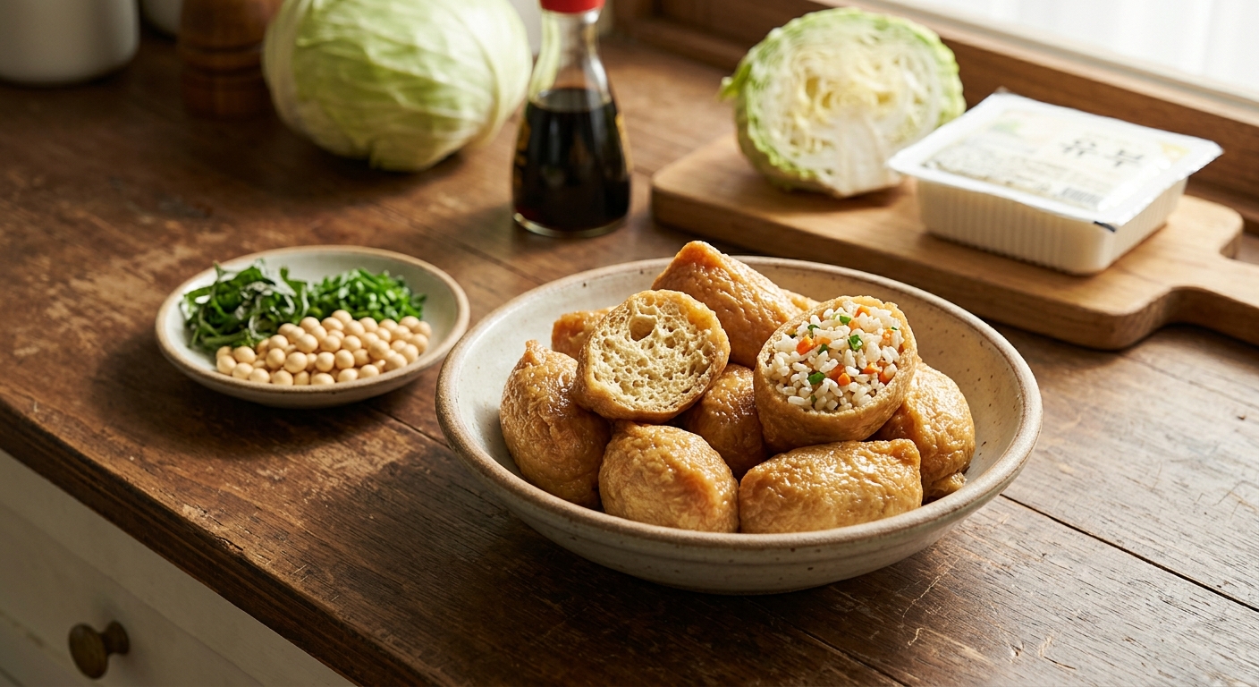 유부를 중심으로 채소와 곡물이 곁들여진 건강식 이미지