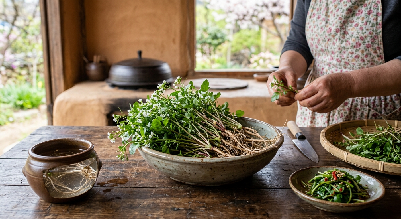 영양이 풍부한 봄나물 황새냉이를 깨끗하게 손질하는 모습