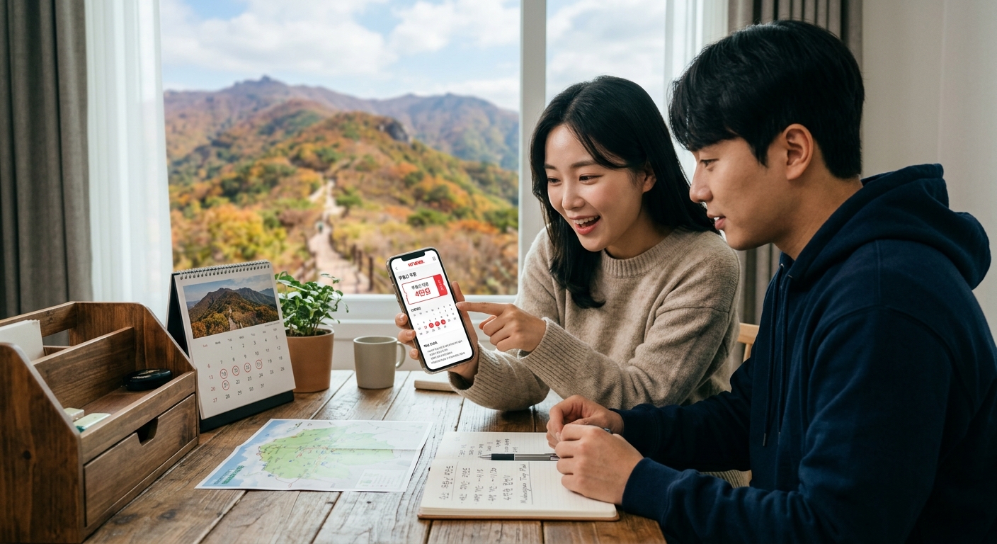 달력과 여행 일정표를 보며 숙소 예약 시기를 확인하는 모습