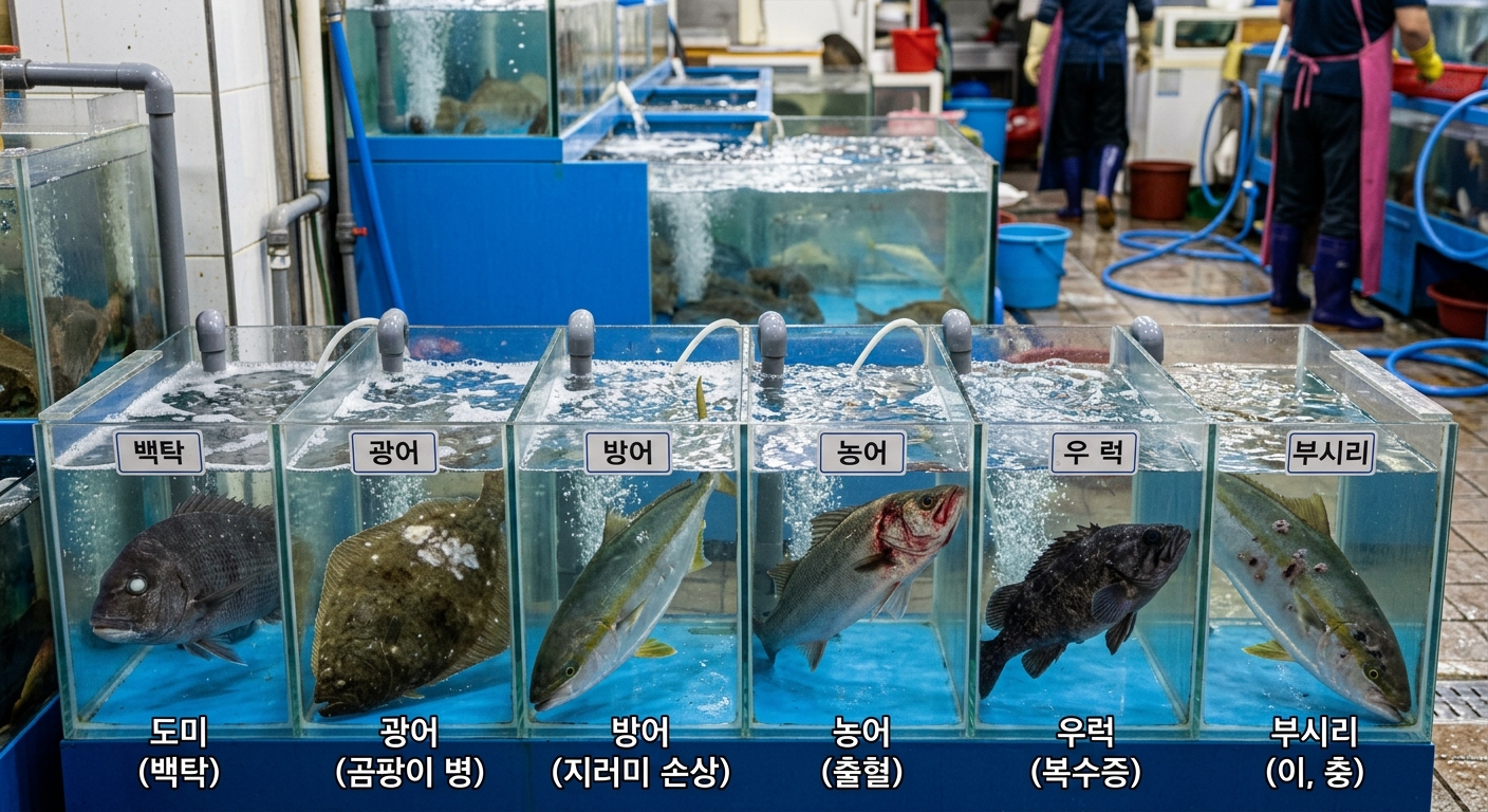 생선의 눈과 아가미, 비늘 상태를 가까이서 확인하는 장면