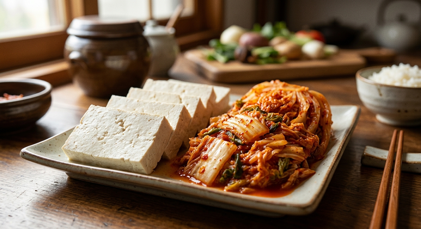 두부와 김치를 함께 담아낸 한식 반찬 구성 이미지