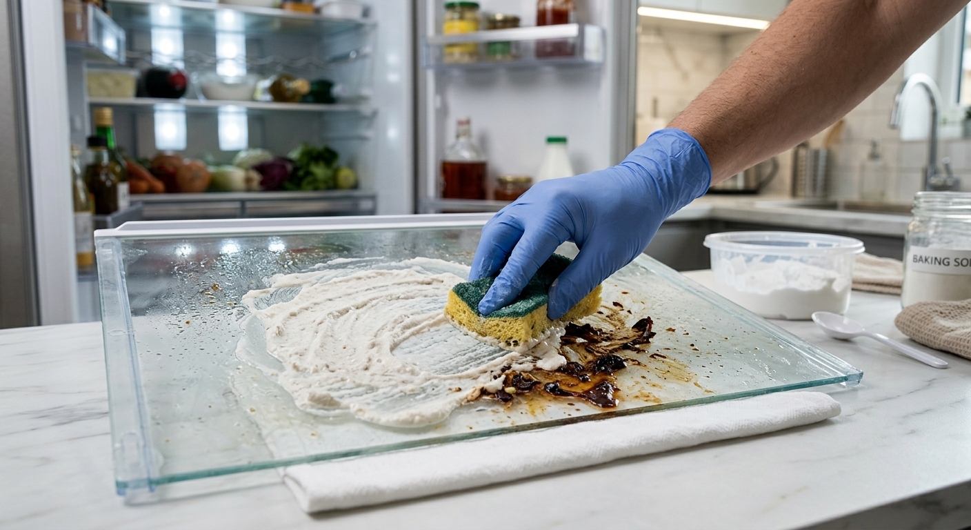 냉장고 선반의 끈적한 얼룩 위에 베이킹소다 반죽을 올려둔 장면
