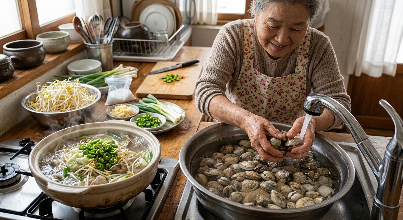 소금물에 담가 검은 덮개로 해감하는 바지락 모습
