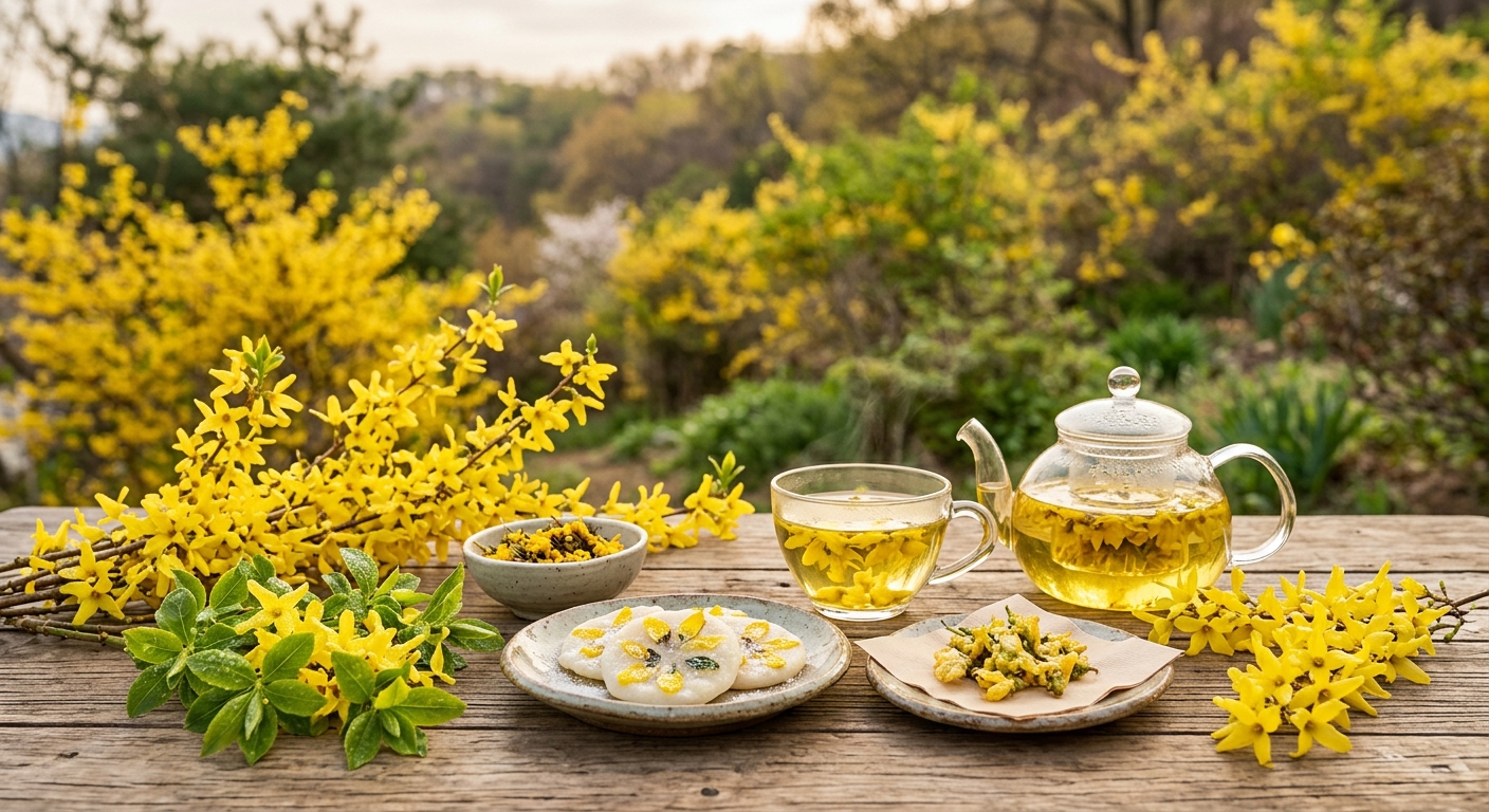 유리 찻잔에 우린 연한 노란빛 개나리꽃차