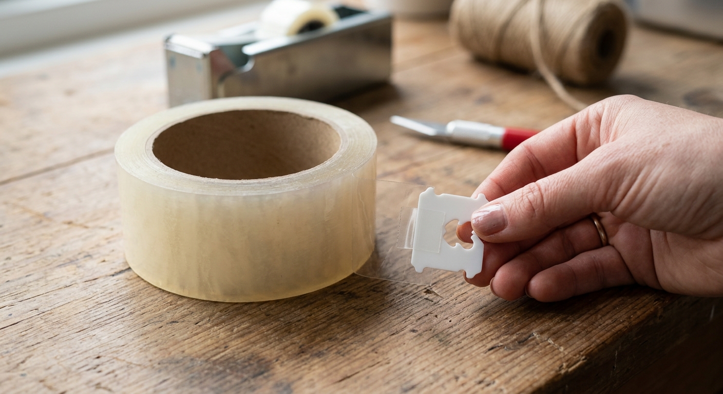 박스테이프 끝부분에 빵클립을 정확한 위치에 고정한 모습