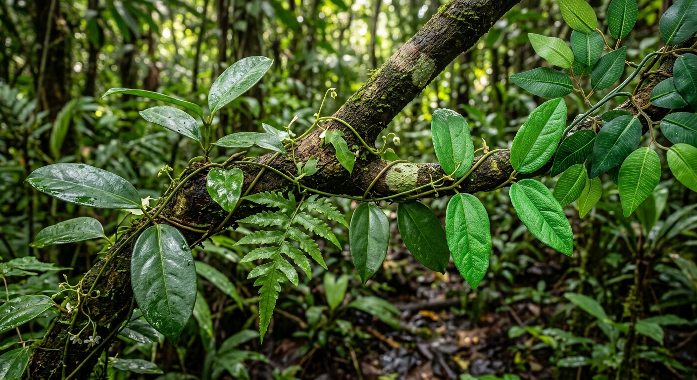 주변 식물과 비슷한 잎 모양으로 위장한 보퀼라 덩굴