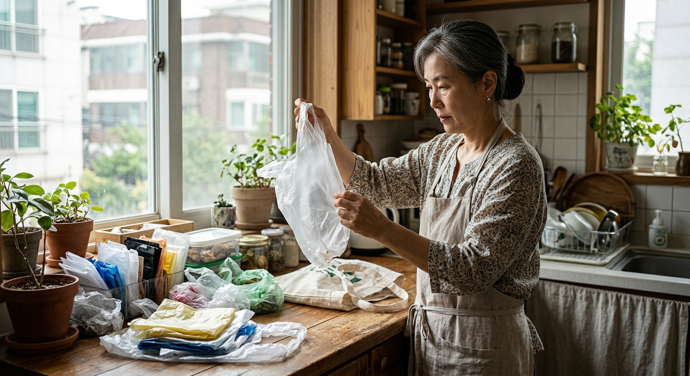 깨끗하고 마른 비닐봉지를 크기와 상태에 따라 정리해 둔 장면