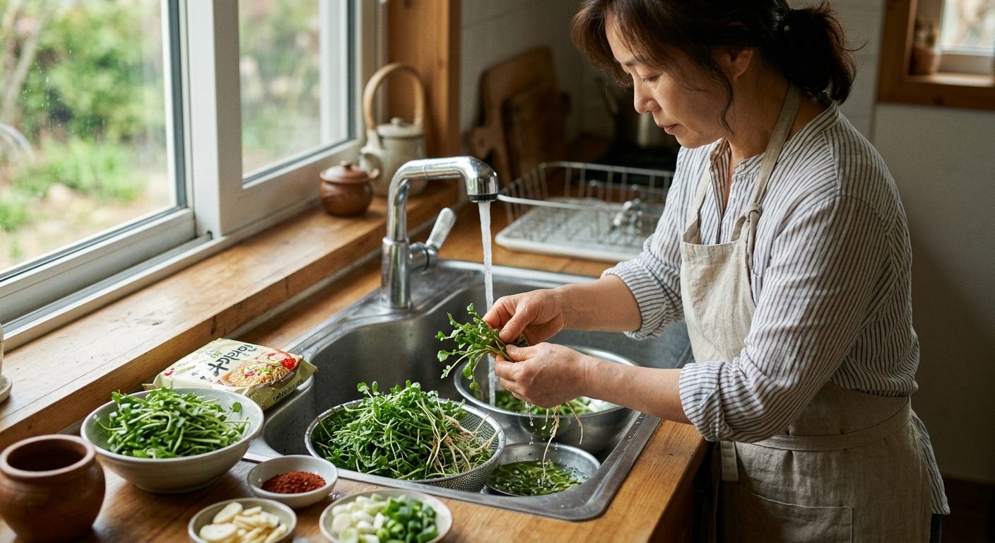 흙을 제거하고 깨끗하게 세척한 냉이 손질 과정