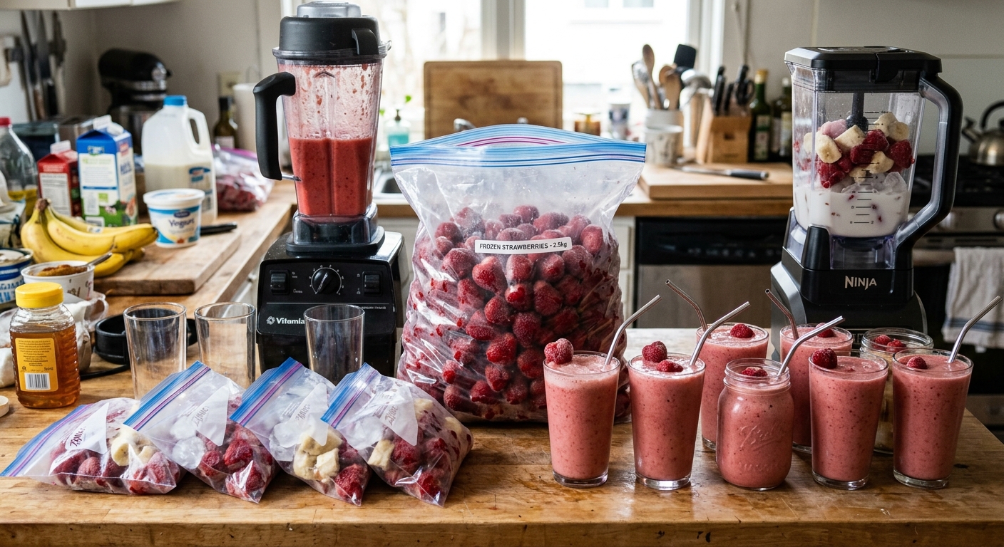 컵에 담긴 냉동 딸기 조각 위로 우유를 붓는 모습