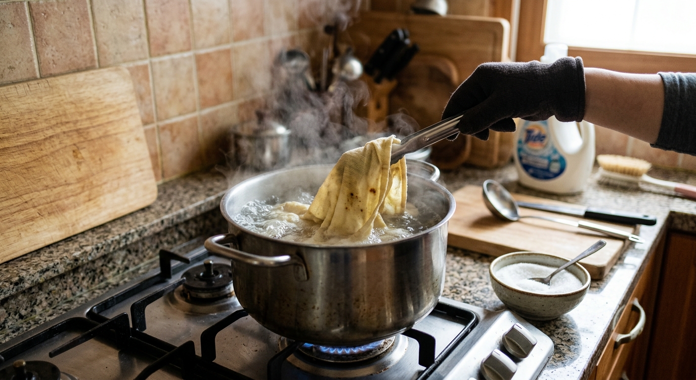 흰 설탕과 물, 깨끗한 행주가 함께 놓인 주방 정리 장면