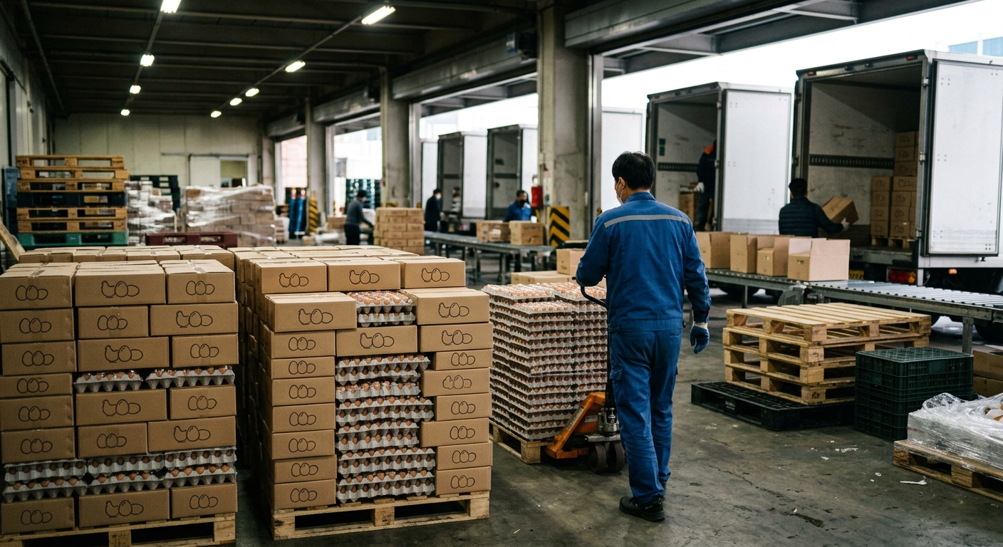 계란이 생산지에서 매장까지 유통되는 과정을 상징적으로 보여주는 이미지
