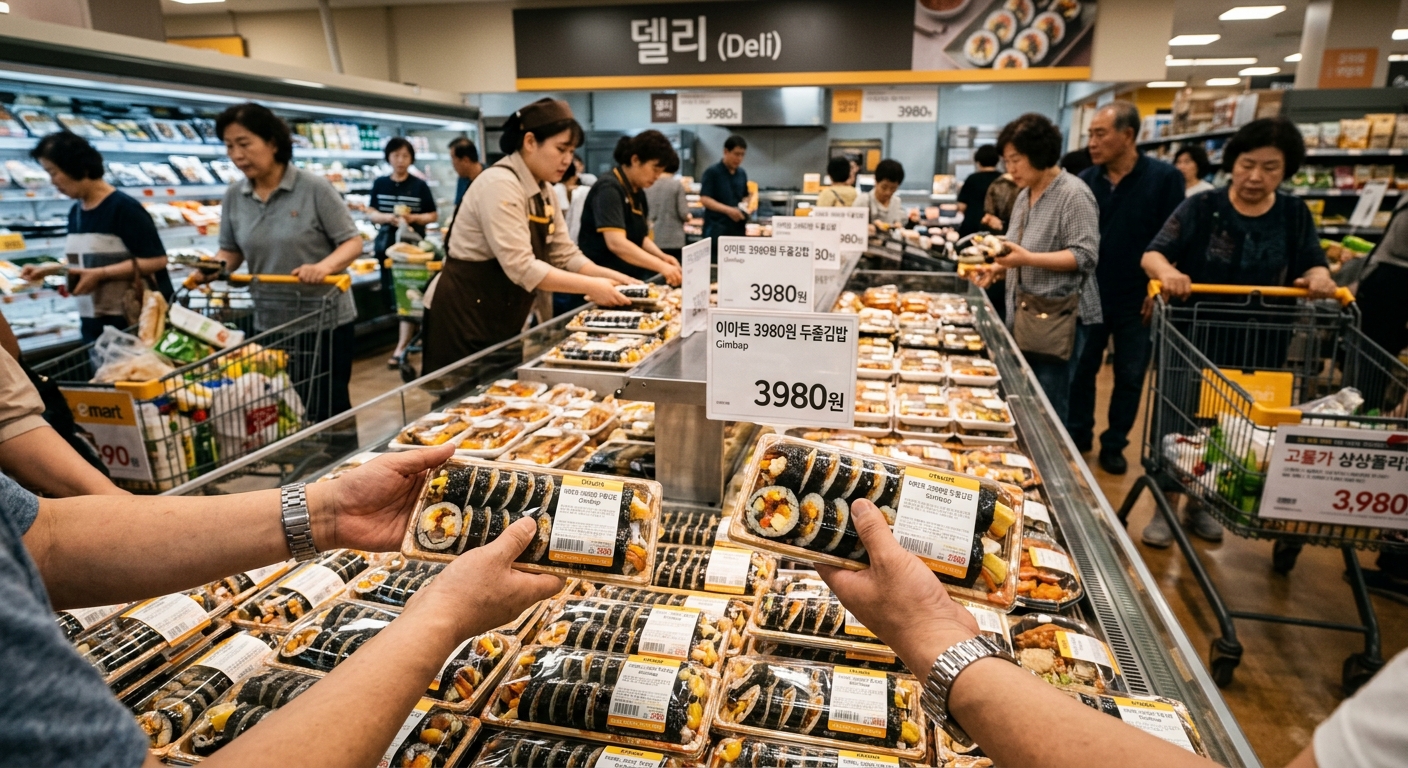 대형마트 델리 코너에서 다양한 즉석조리 식품을 고르는 소비자 모습