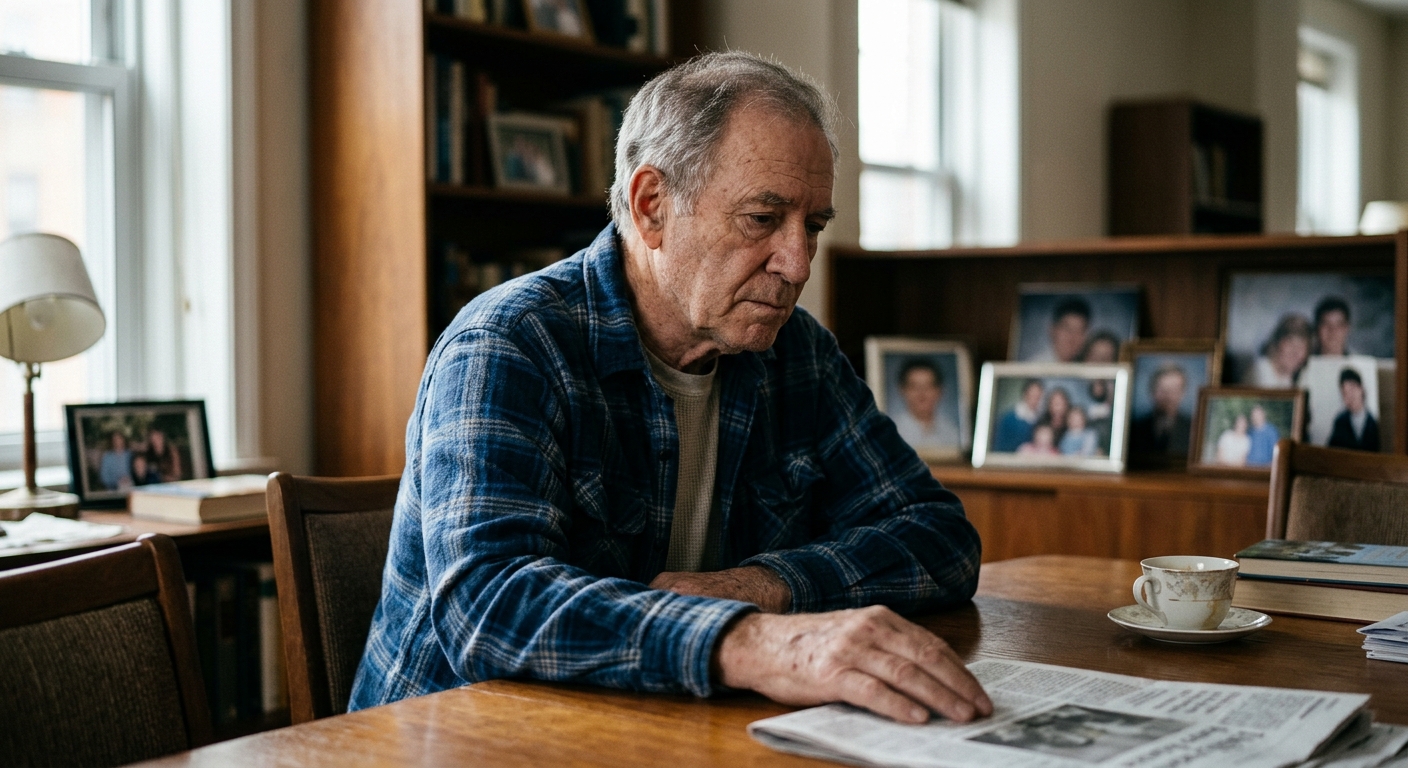 다른 사람들을 바라보며 생각에 잠긴 60대 인물